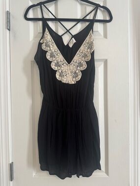 Sienna Sky Black Romper with Cream Crochet Trim